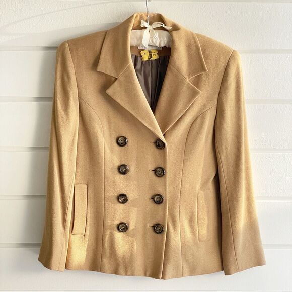 Express Tailleur Camel Wool Blend Double Breasted Blazer Suit Jacket Size 1/2 P - Picture 1 of 11